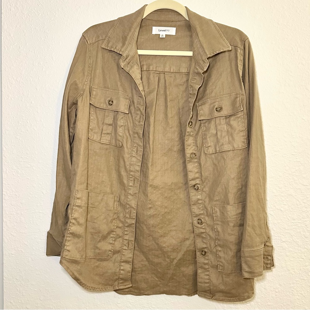 Level 99 Linen Blend Tan Button Down Utility Shirt - Picture 3 of 10